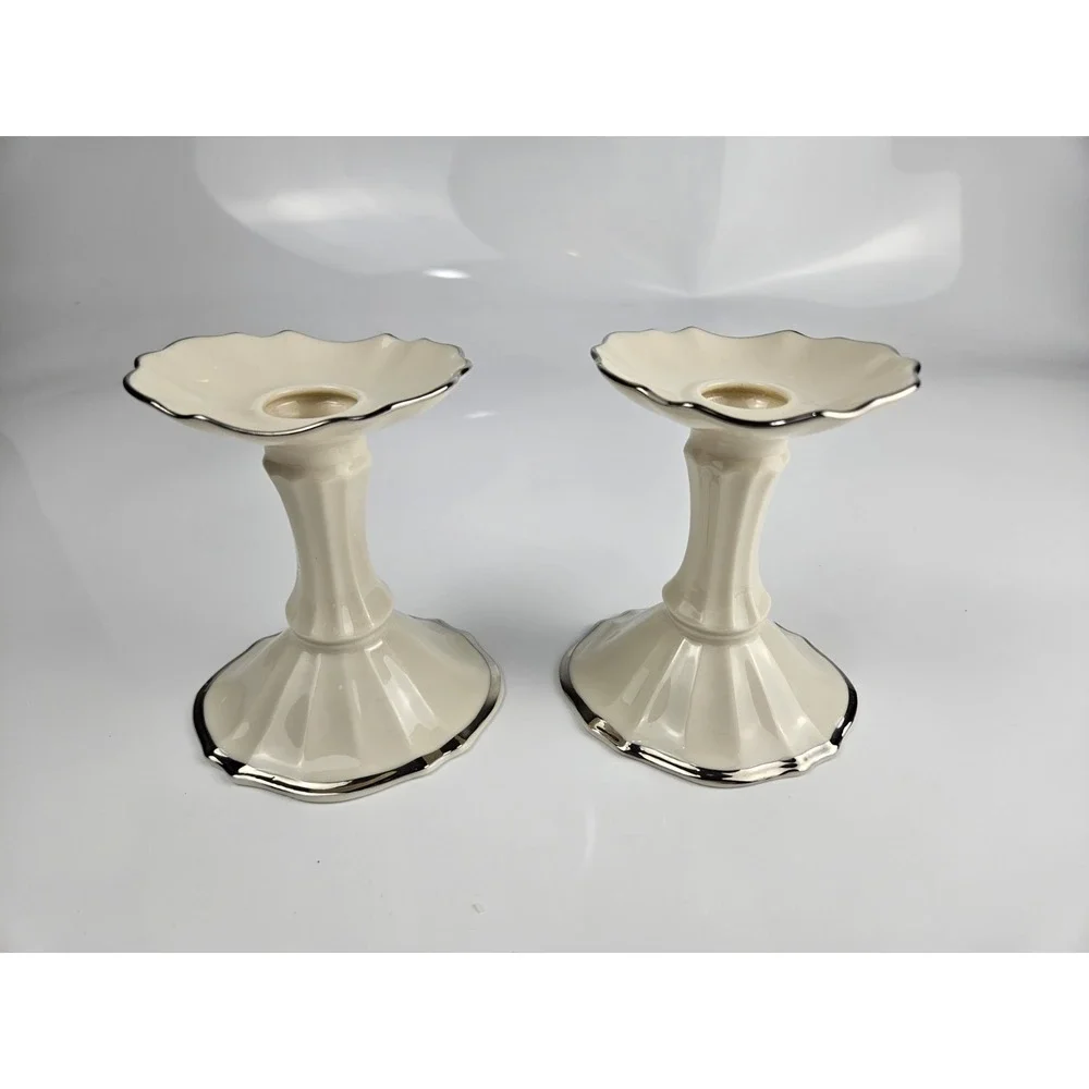 Collection of 5 Lenox‎ Ivory Platinum Candlesticks Trivet Candy & Scallop Dishes